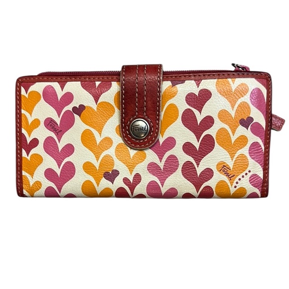 Fossil Red Wallet. Pink & Orange Hearts. Lining Pink Polka Dot. Leather. Rare - Picture 1 of 14